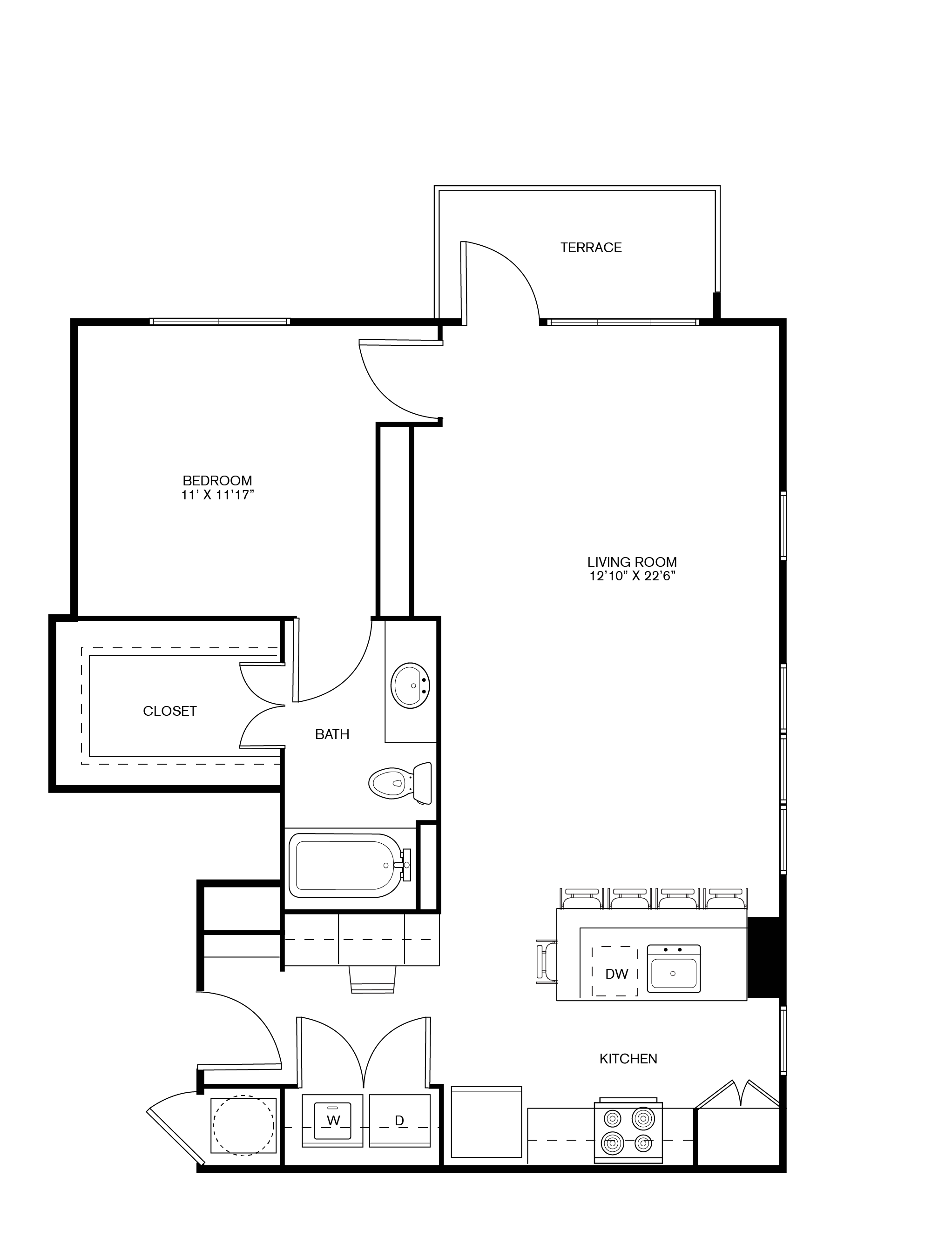 One bedroom one bath, kitchen, kitchen pantry, living room, dining room, laundry room, one closet, A6 floor plan,871 square feet.